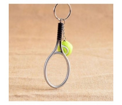Porte-clés raquette fil de nylon et balle de tennis verte argenté Porte-clés raquette fil de nylon et balle de tennis verte argenté