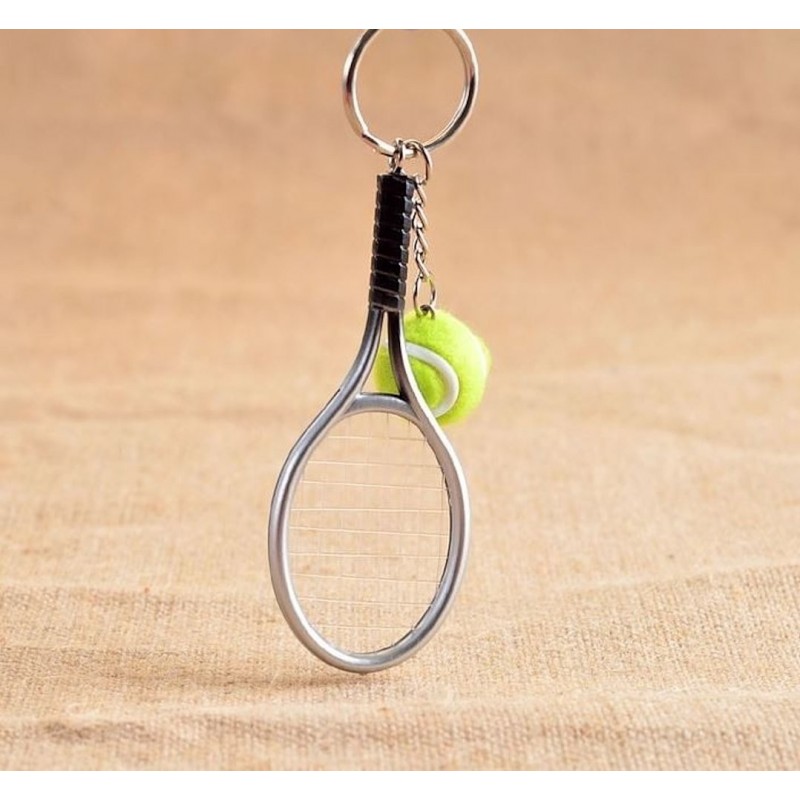 Porte-clés raquette fil de nylon et balle de tennis verte argenté Porte-clés raquette fil de nylon et balle de tennis verte argenté