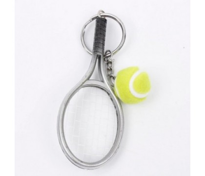 Porte-clés raquette fil de nylon et balle de tennis verte argenté Porte-clés raquette fil de nylon et balle de tennis verte argenté