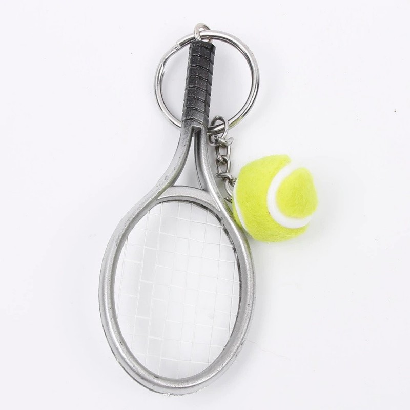 Porte-clés raquette fil de nylon et balle de tennis verte argenté Porte-clés raquette fil de nylon et balle de tennis verte argenté