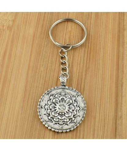 Porte-clés fleur de vie feuille de lotus symbole Om argenté