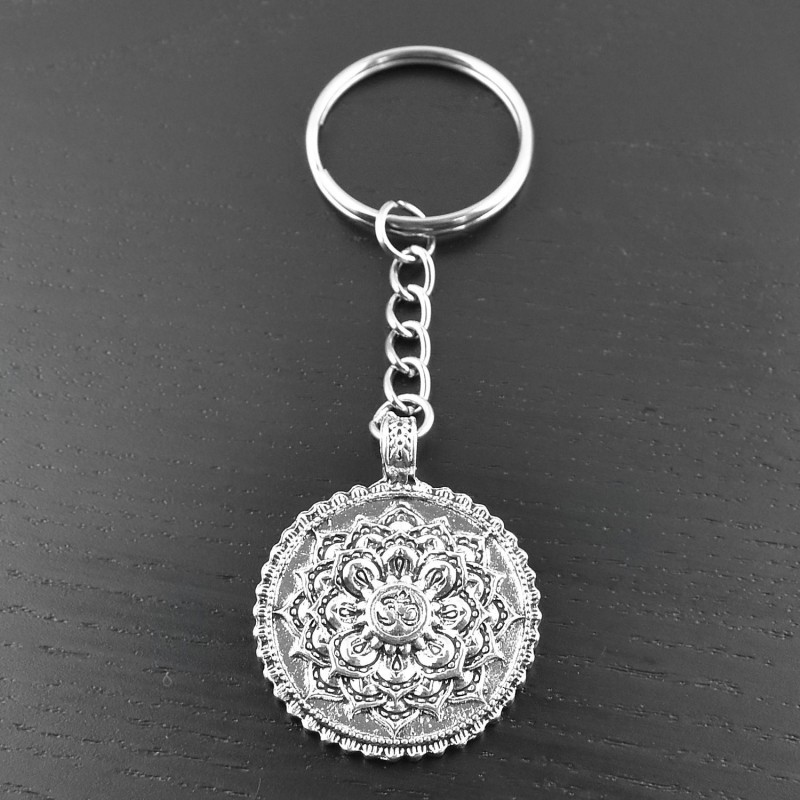 Porte-clés fleur de vie feuille de lotus symbole Om argenté