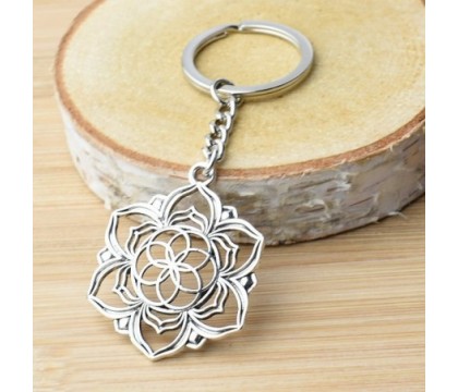 Porte-clés fleur de lotus fleur de vie argenté
