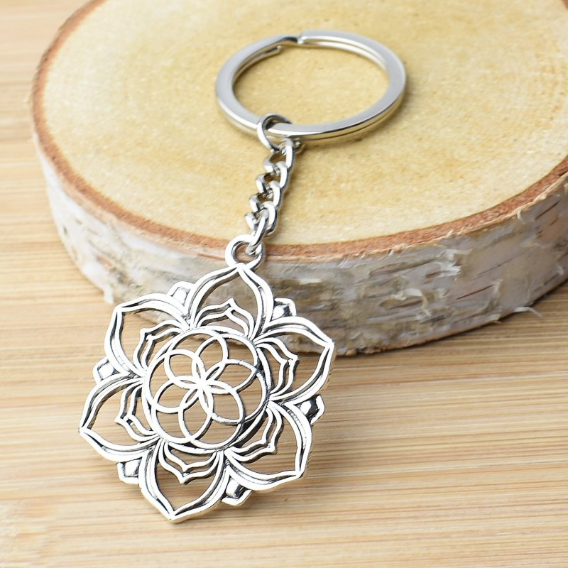 Porte-clés fleur de lotus fleur de vie argenté