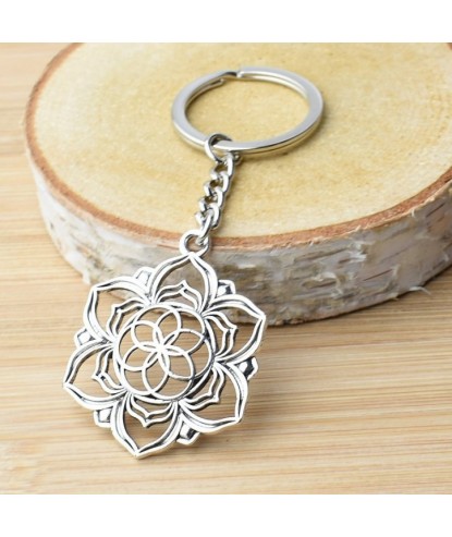 Porte-clés fleur de lotus fleur de vie argenté