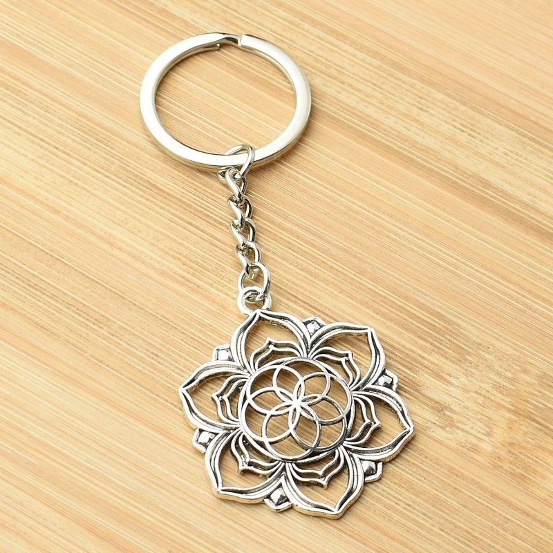 Porte-clés fleur de lotus fleur de vie argenté
