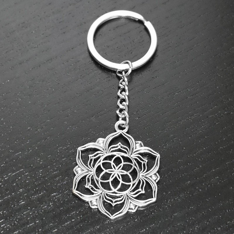 Porte-clés fleur de lotus fleur de vie argenté