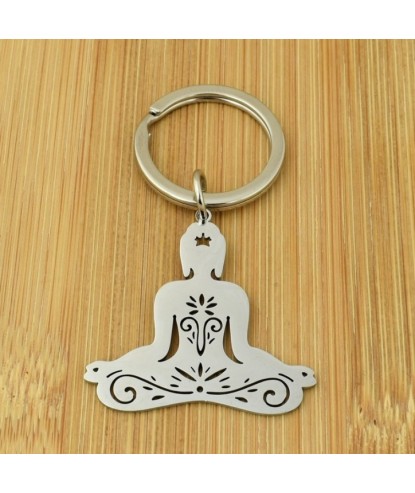Porte-clés posture de yoga Sukhasana position de méditation lotus en tailleur acier inoxydable