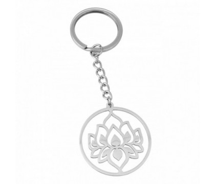 Porte-clés fleur de lotus dans un cercle acier inoxydable
