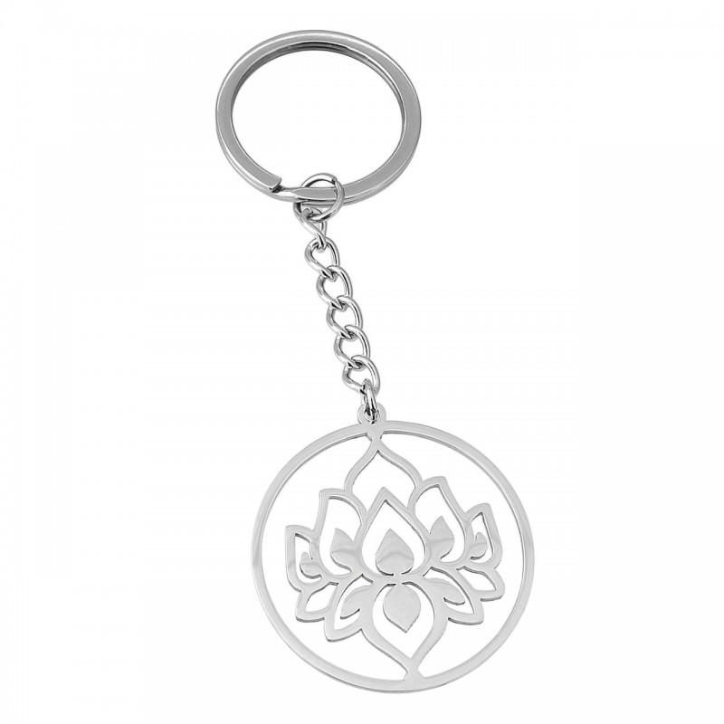 Porte-clés fleur de lotus dans un cercle acier inoxydable