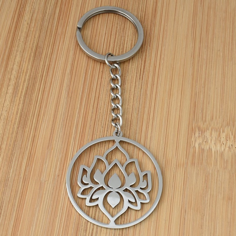Porte-clés fleur de lotus dans un cercle acier inoxydable