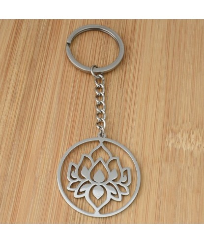 Porte-clés fleur de lotus dans un cercle acier inoxydable