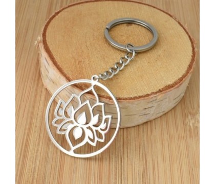 Porte-clés fleur de lotus dans un cercle acier inoxydable