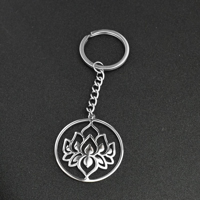 Porte-clés fleur de lotus dans un cercle acier inoxydable