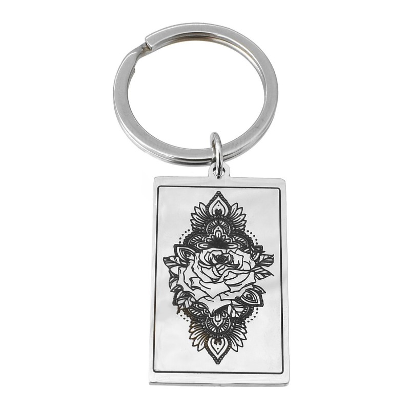 Porte-clés fleur de lotus dans un rectangle acier inoxydable Porte-clés fleur de lotus dans un rectangle acier inoxydable