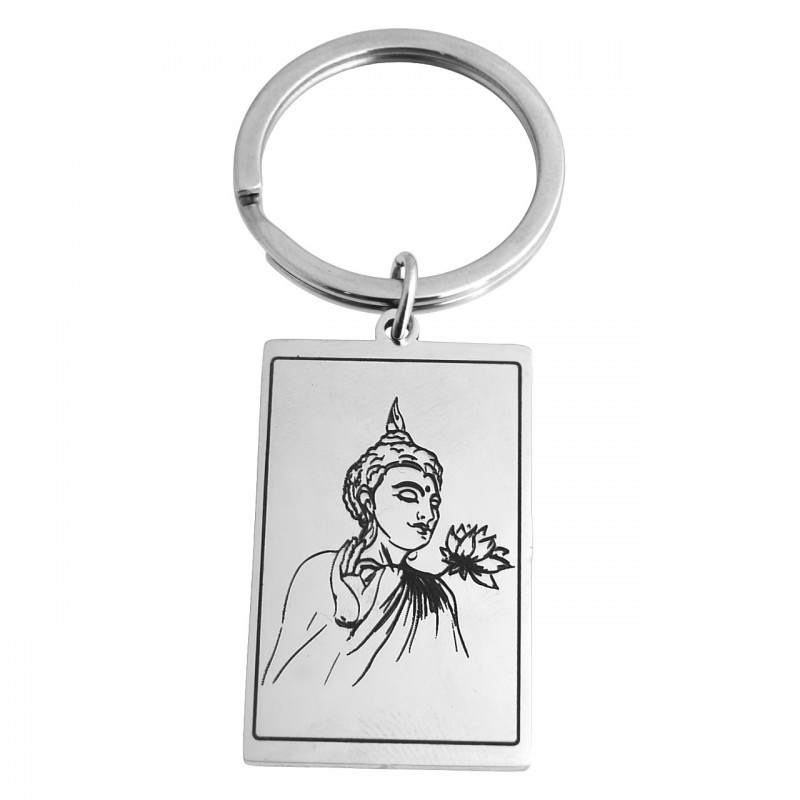 Porte-clés bouddha fleur de lotus spirituelle dans un rectangle acier inoxydable