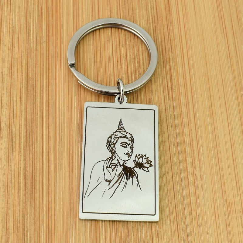 Porte-clés bouddha fleur de lotus spirituelle dans un rectangle acier inoxydable