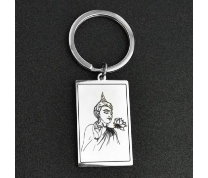Porte-clés bouddha fleur de lotus spirituelle dans un rectangle acier inoxydable