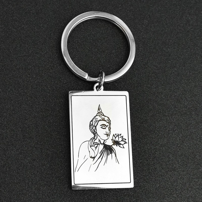 Porte-clés bouddha fleur de lotus spirituelle dans un rectangle acier inoxydable