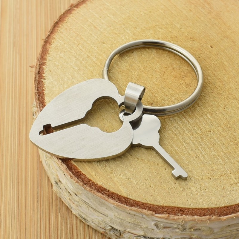 Porte-clés coeur clé plaque amovible acier inoxydable