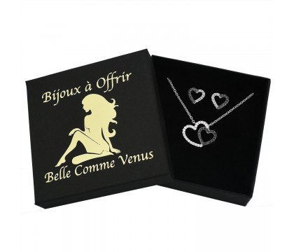 Parure 2 coeurs oxydes de zirconium blancs et noirs Argent 925 Rhodié