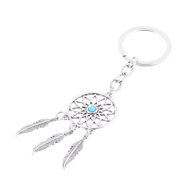 Porte-clés attrape-rêves perle bleu turquoise argenté 