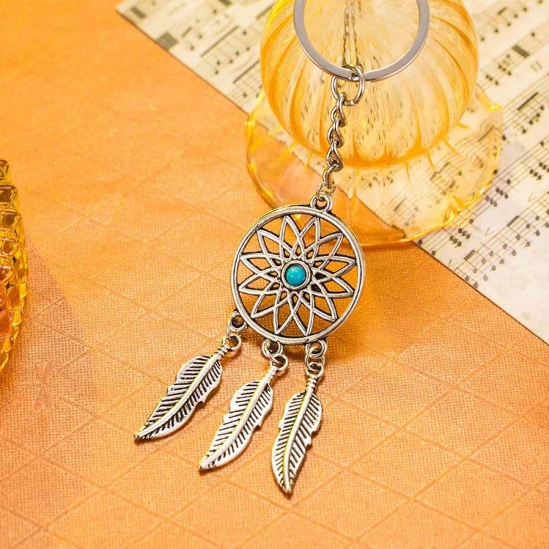 Porte-clés attrape-rêves perle bleu turquoise argenté 