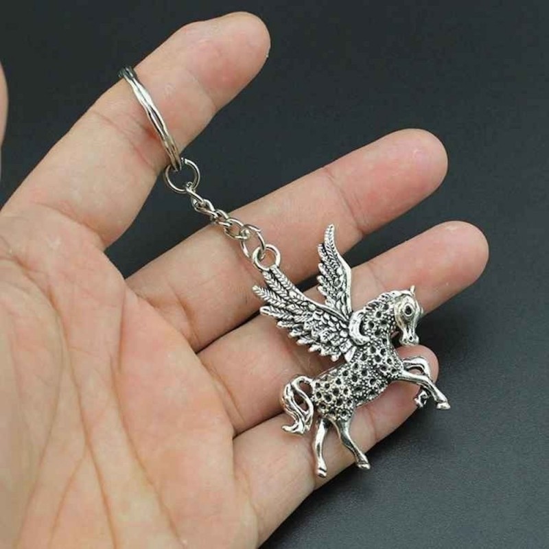 Porte-clés licorne Pégase cheval avec des ailes argenté