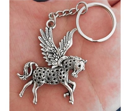 Porte-clés licorne Pégase cheval avec des ailes argenté