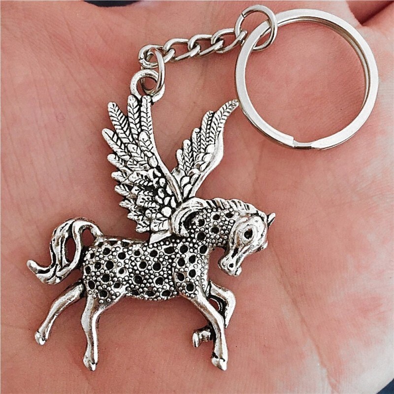 Porte-clés licorne Pégase cheval avec des ailes argenté