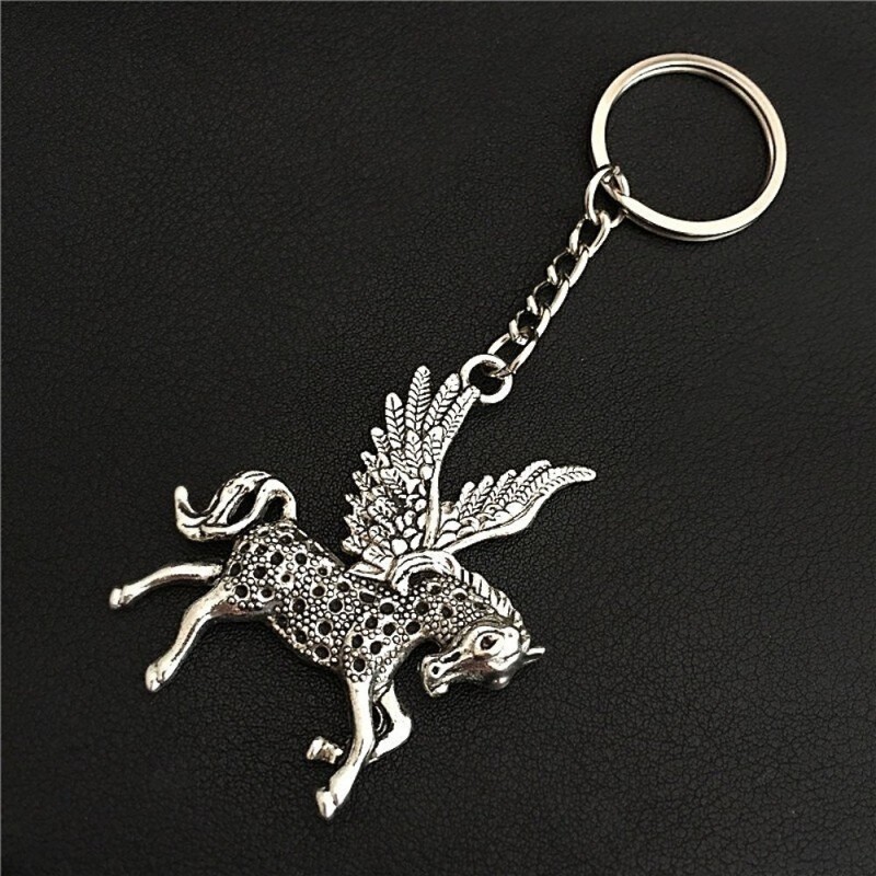 Porte-clés licorne Pégase cheval avec des ailes argenté
