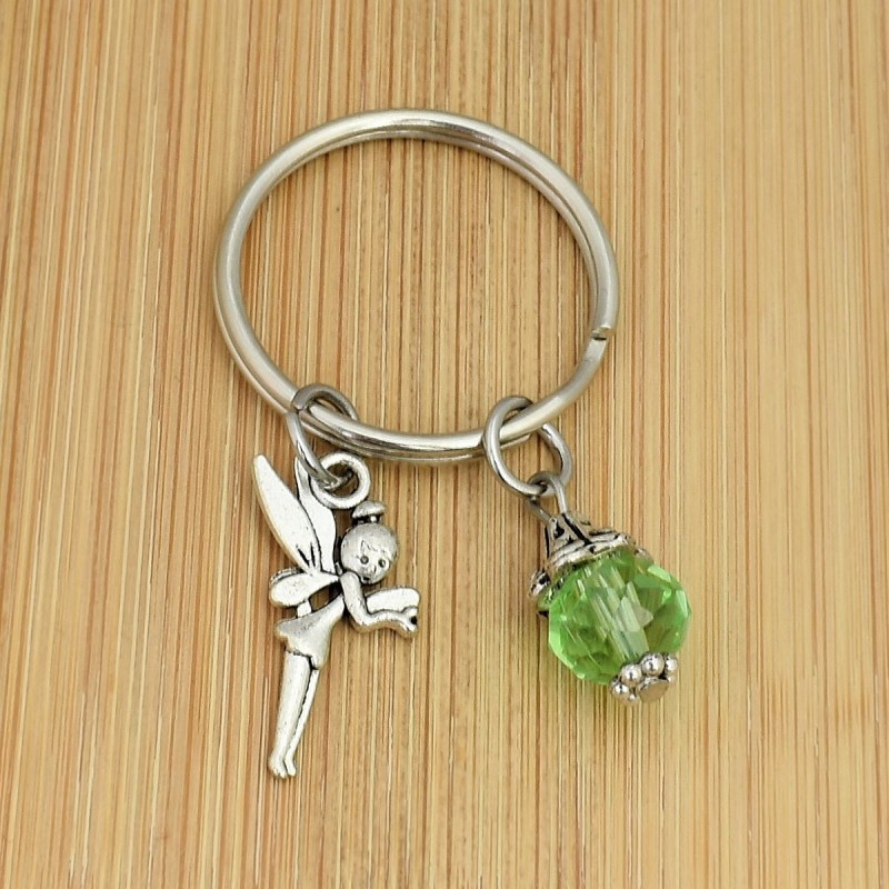 Porte-clés fée et sa perle à facettes vertes argenté