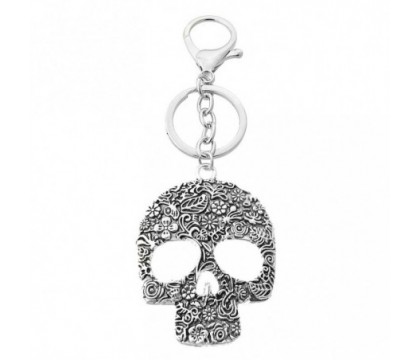 Porte-clés tête de mort cavalera crâne fleuri bijou de sac avec mousqueton et anneau argenté