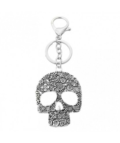 Porte-clés tête de mort cavalera crâne fleuri bijou de sac avec mousqueton et anneau argenté