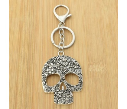 Porte-clés tête de mort cavalera crâne fleuri bijou de sac avec mousqueton et anneau argenté