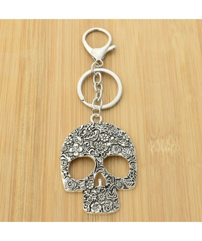 Porte-clés tête de mort cavalera crâne fleuri bijou de sac avec mousqueton et anneau argenté