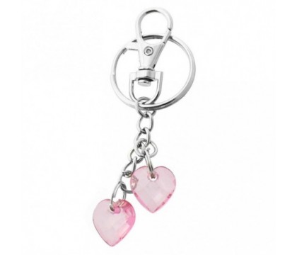 Porte-clés bijou de sac argenté 2 coeurs roses à facettes