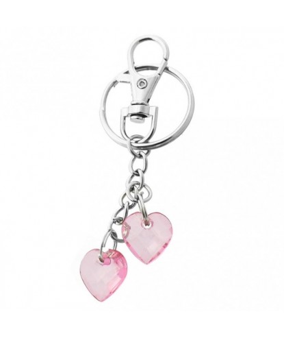 Porte-clés bijou de sac argenté 2 coeurs roses à facettes