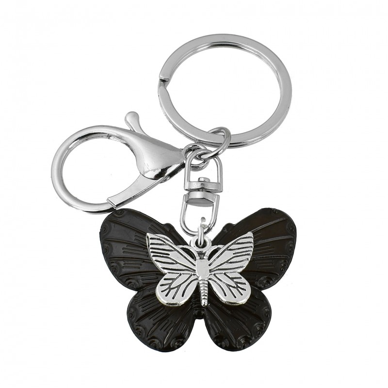 Porte-clés 2 papillons bijou de sac avec mousqueton et anneau argenté Porte-clés 2 papillons bijou de sac avec mousqueton et anneau argenté