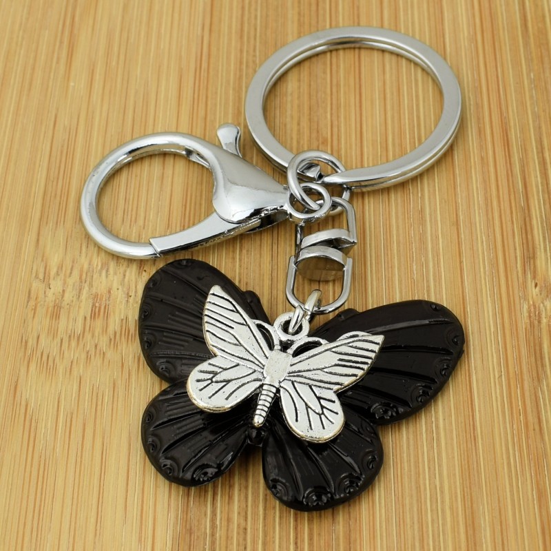Porte-clés 2 papillons bijou de sac avec mousqueton et anneau argenté Porte-clés 2 papillons bijou de sac avec mousqueton et anneau argenté