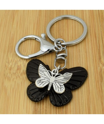 Porte-clés 2 papillons bijou de sac avec mousqueton et anneau argenté