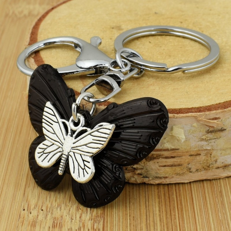 Porte-clés 2 papillons bijou de sac avec mousqueton et anneau argenté Porte-clés 2 papillons bijou de sac avec mousqueton et anneau argenté