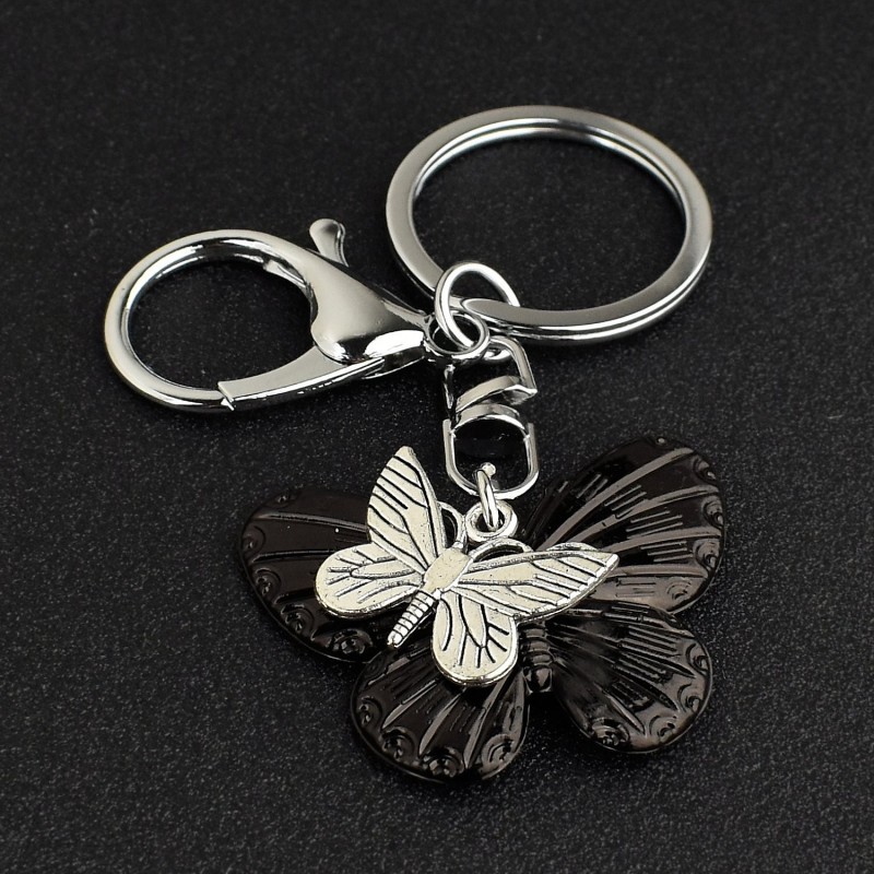 Porte-clés 2 papillons bijou de sac avec mousqueton et anneau argenté Porte-clés 2 papillons bijou de sac avec mousqueton et anneau argenté