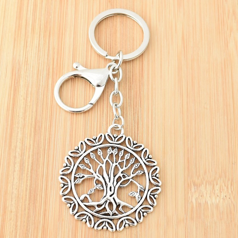 Porte-clés arbre de vie bijou de sac avec mousqueton et anneau argenté