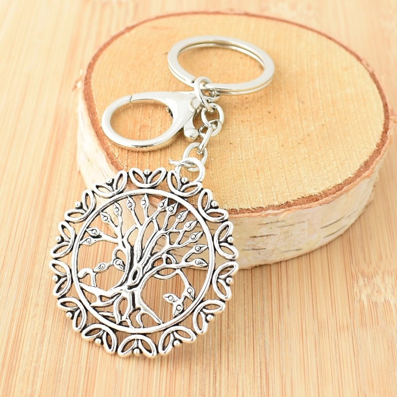 Porte-clés arbre de vie bijou de sac avec mousqueton et anneau argenté