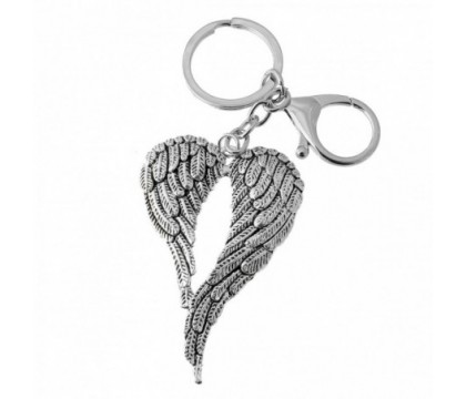 Porte-clés 2 ailes d'ange bijou de sac avec mousqueton et anneau argenté