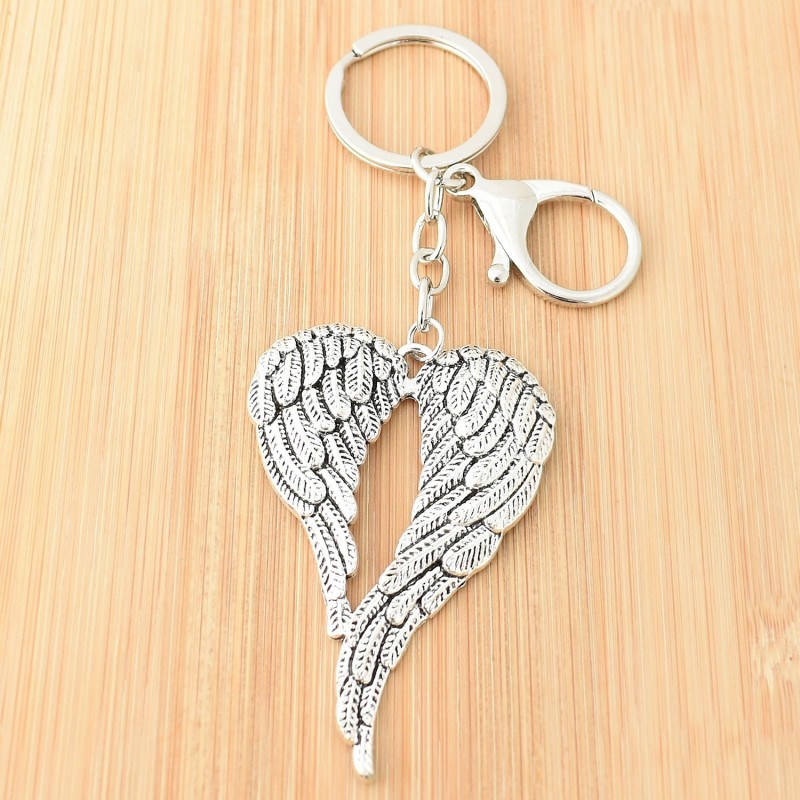 Porte-clés 2 ailes d'ange bijou de sac avec mousqueton et anneau argenté