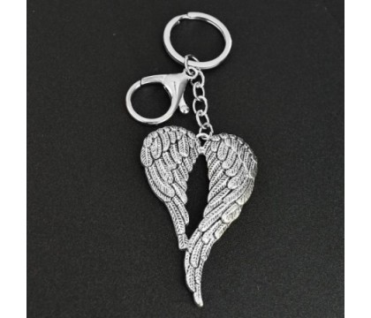 Porte-clés 2 ailes d'ange bijou de sac avec mousqueton et anneau argenté