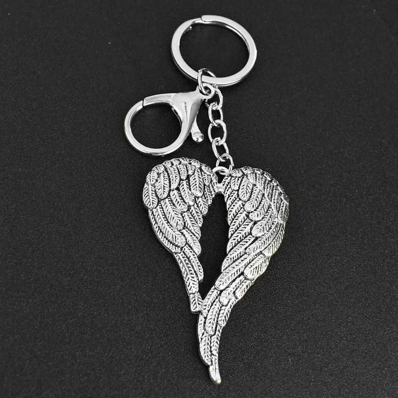 Porte-clés 2 ailes d'ange bijou de sac avec mousqueton et anneau argenté
