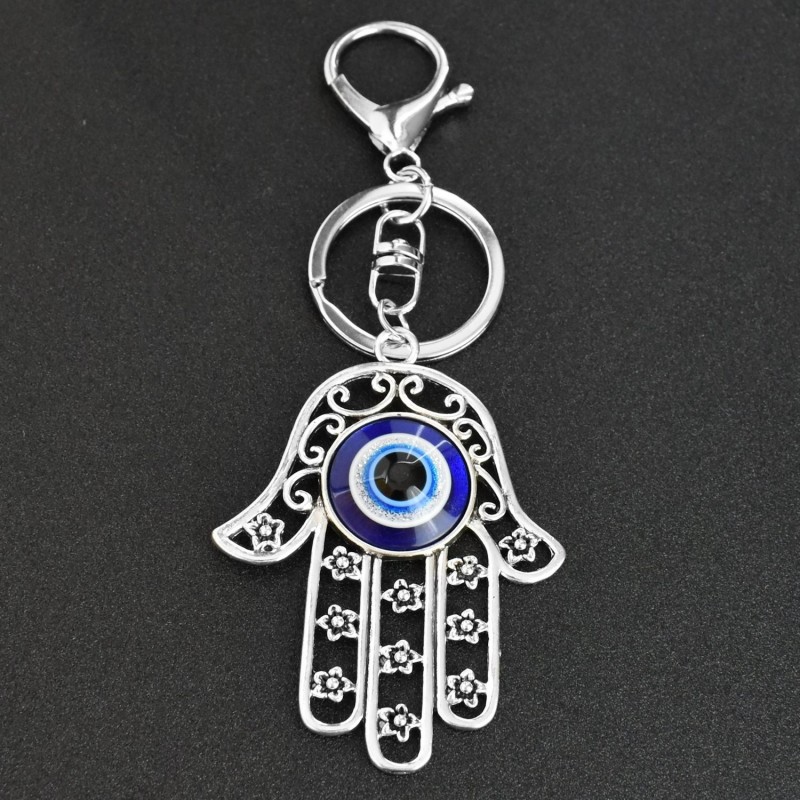 Porte-clés oeil main de Fatma bijou de sac avec mousqueton et anneau argenté